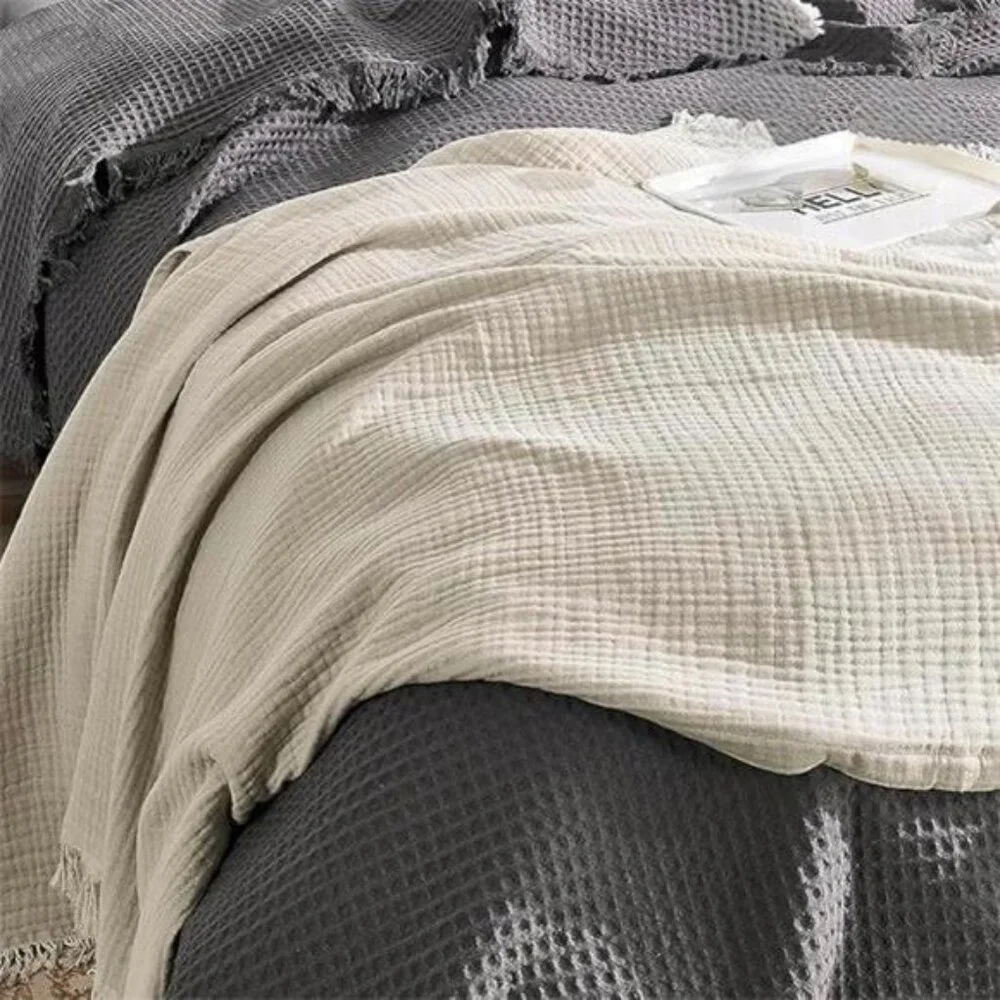 NEW West Elm Boho Beige Tassel Waffle Knit Muslin Gauze Throw Blanket 55